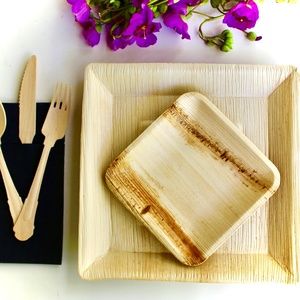 Eco Frindly palm Leaf plate 10 pic 10" Square deep -10 pic 6" Square - 30 cutler
